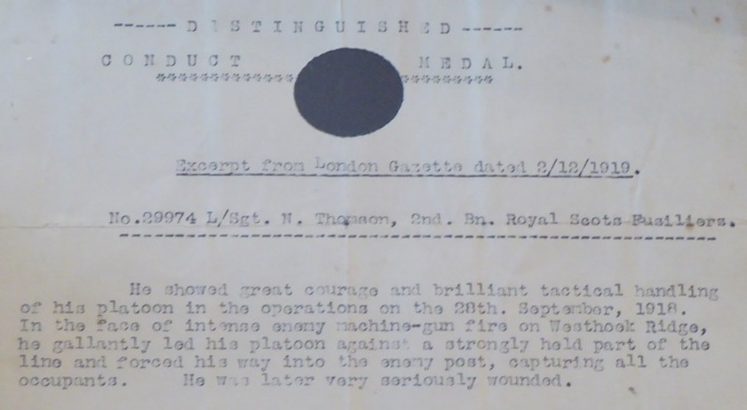 Citation for the award of the Distinguished Conduct Medal (DCM)