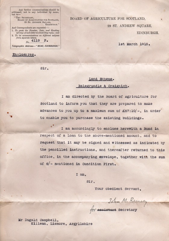 Baligrundle Agricultural board letter re land scheme