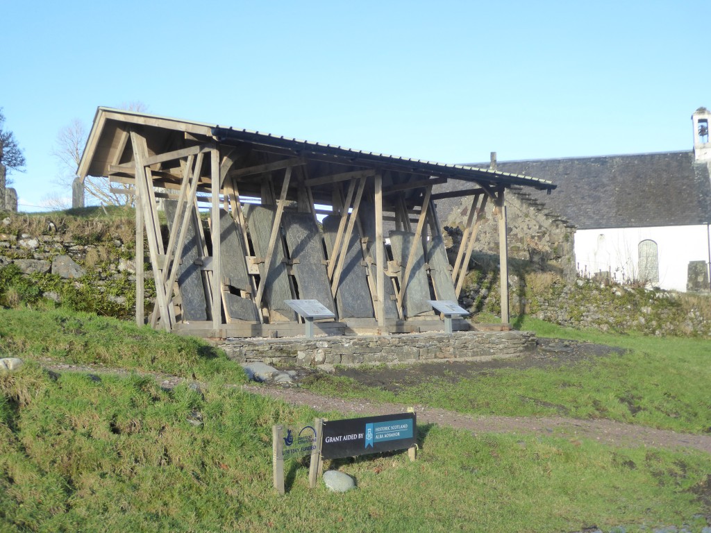 Slabs with completed facing walls and interpretation boards