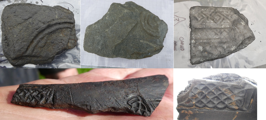 Fragments of carving in stone (above) and animal bone (below)